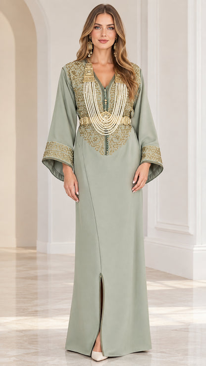 Sage Green embroidered kaftan maxi dress with pearl drape accents front view