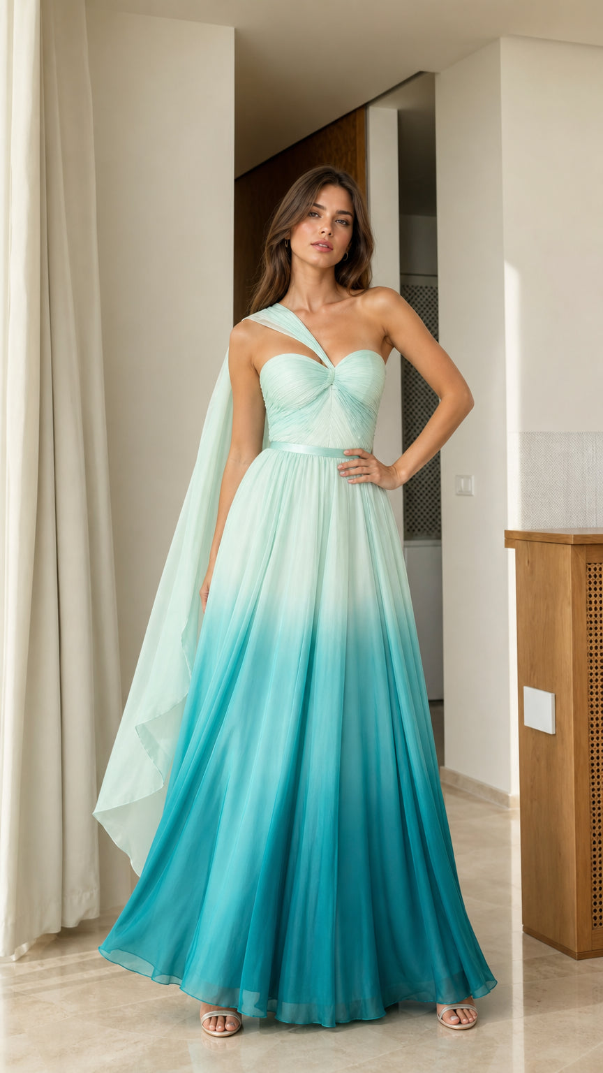 Full front view of teal ombre one-shoulder chiffon maxi evening gown with drape sash