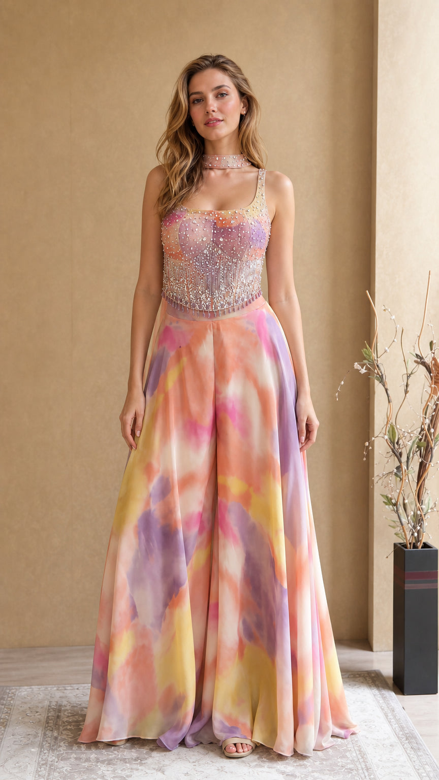 Front view of model wearing Coral Multi embellished tie-dye wide-leg formal jumpsuit