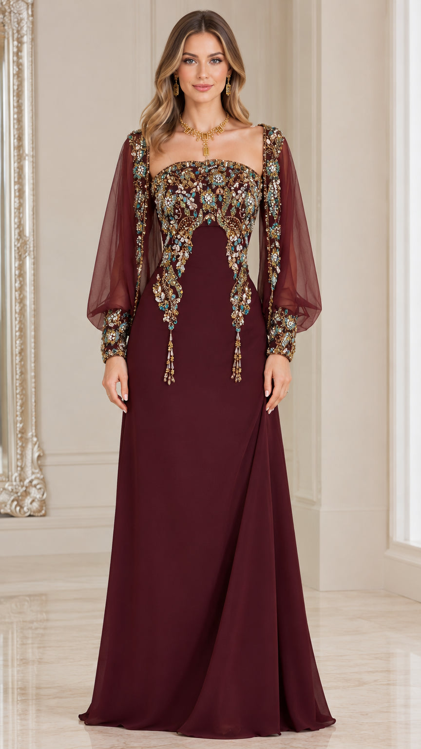 Full-length front view of burgundy beaded evening gown with sheer bishop sleeves
