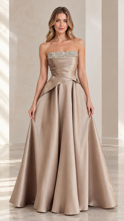 Champagne strapless satin evening gown with beaded neckline front view