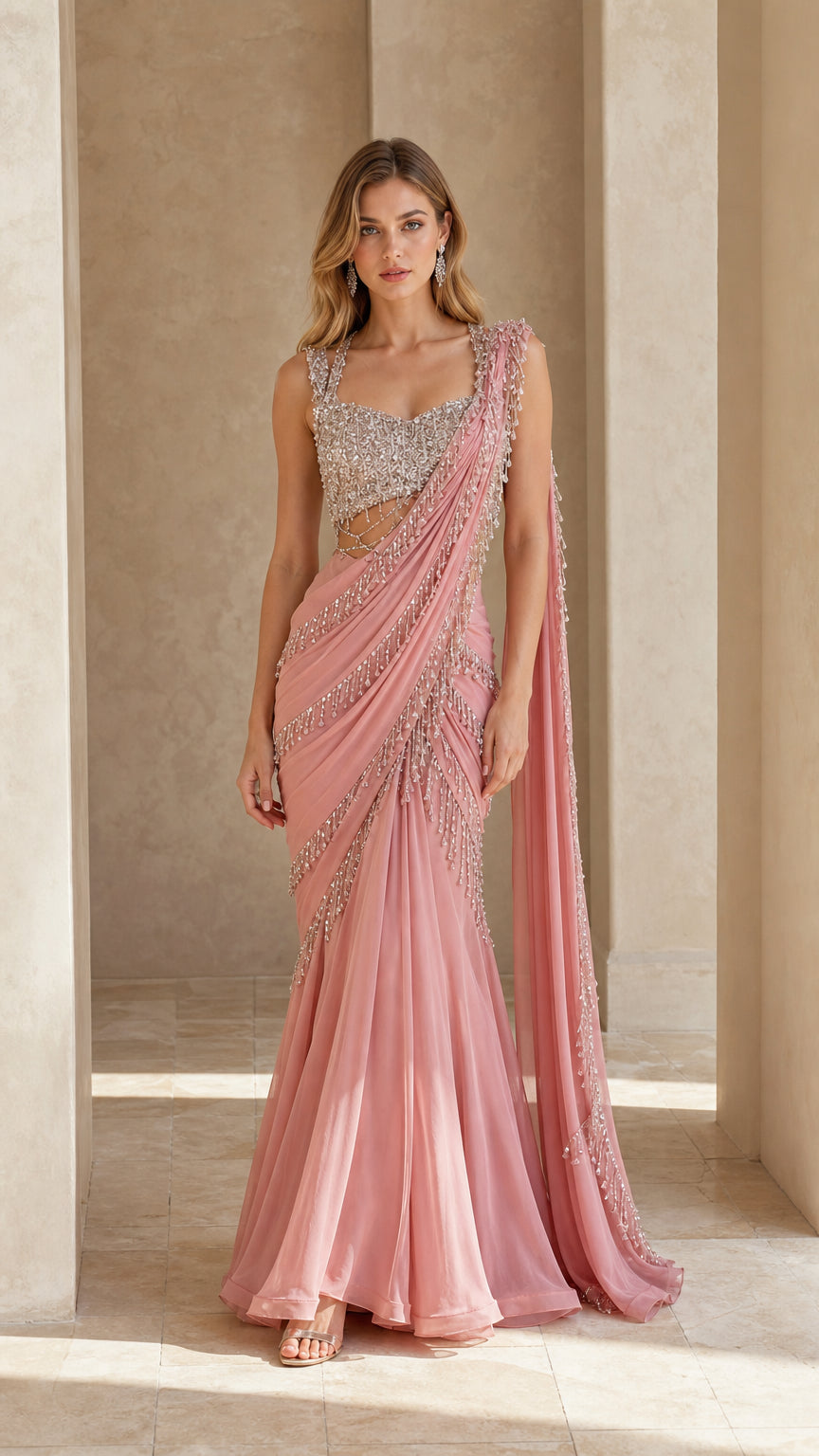 Front full view of dusty pink embellished pre-draped saree evening gown