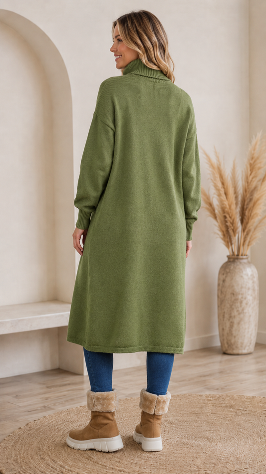 Back view of olive green turtleneck sweater midi dress with long sleeves