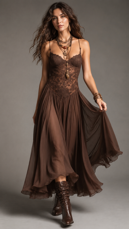 Front view of chocolate brown lace bodice maxi dress with spaghetti straps and flowing skirt