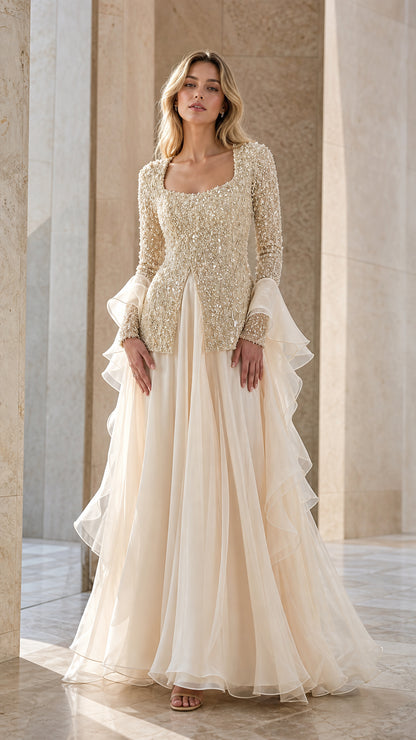 Front full view of Champagne beaded long sleeve evening gown with tiered ruffle skirt