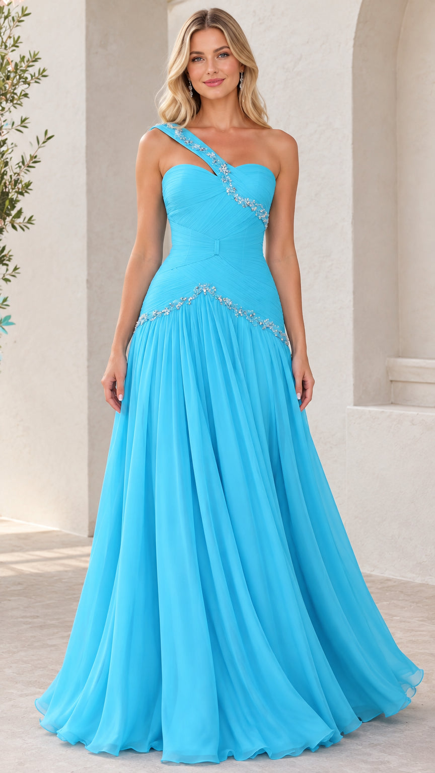 Aqua blue one-shoulder chiffon evening gown with crystal rhinestone embellishments front view