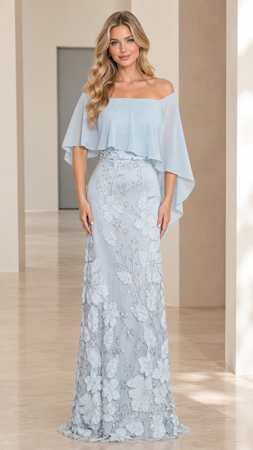 Ice Blue off-the-shoulder evening gown with chiffon capelet and floral lace front view