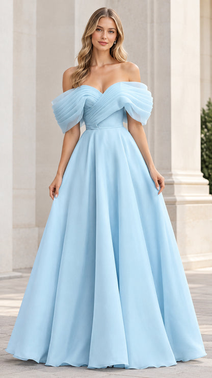 Front view of model wearing a light blue off-the-shoulder pleated evening gown with A-line skirt