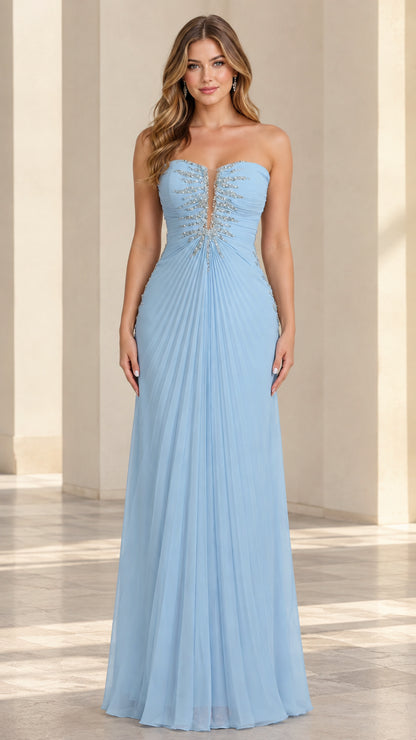 Front view of model wearing sky blue strapless pleated chiffon evening gown with beaded plunge neckline