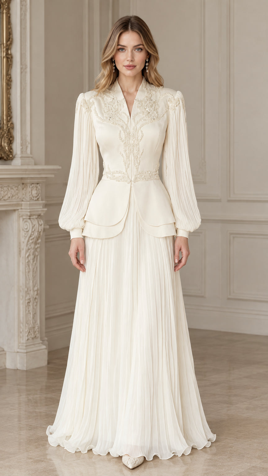 Front full-length view of woman wearing ivory embellished peplum evening dress set with pleated maxi skirt