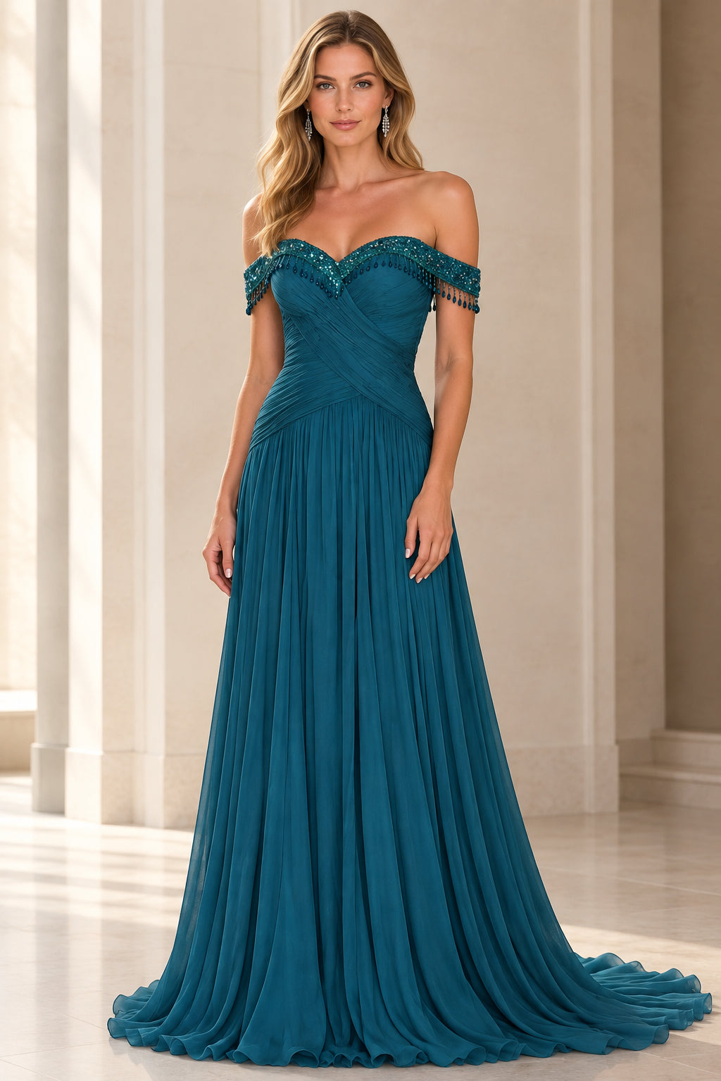 Peacock blue off-the-shoulder pleated evening gown with beaded fringe neckline front view