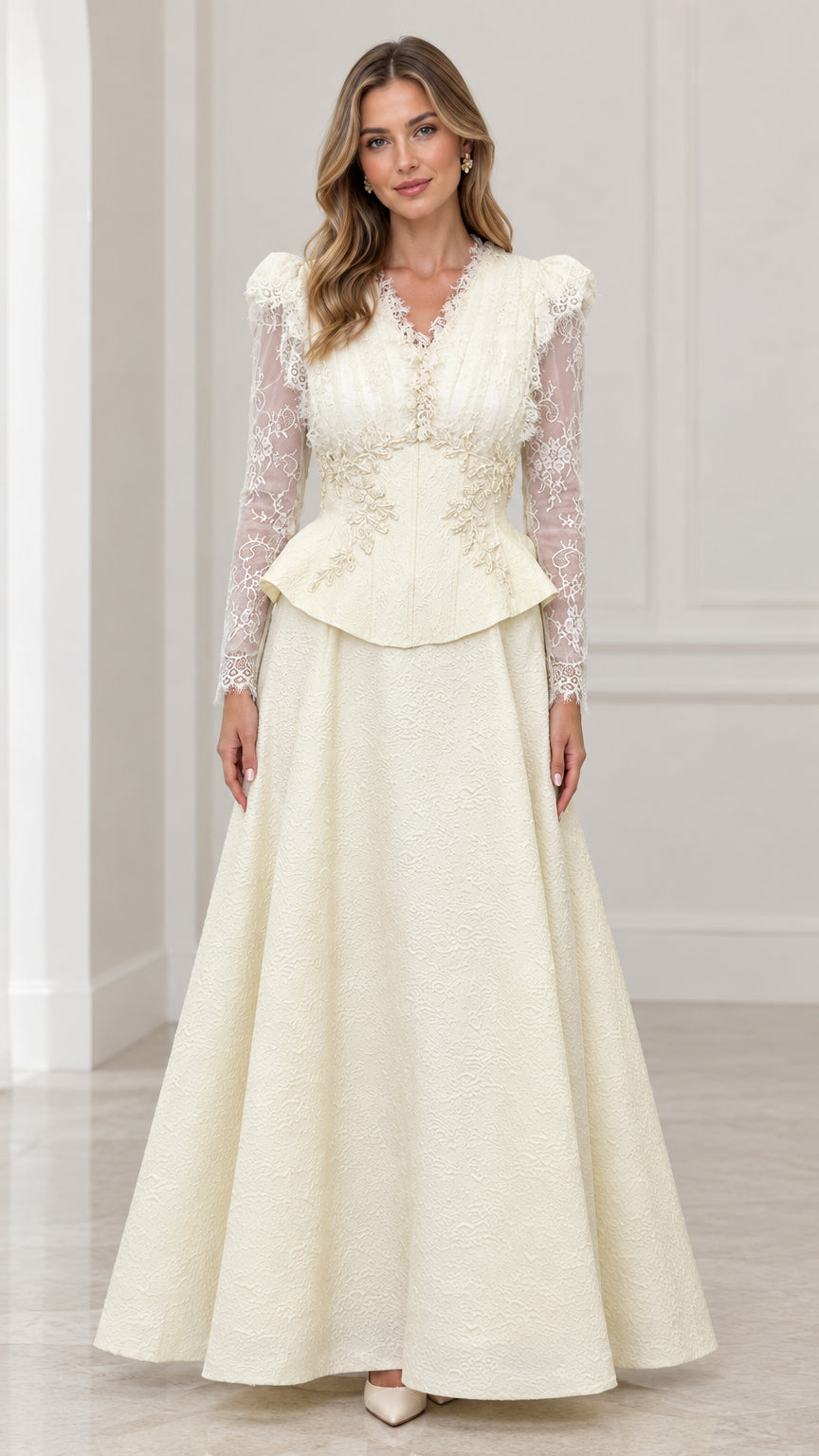 Front full view of ivory long sleeve lace peplum maxi evening dress