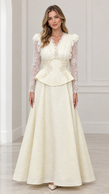 Front full view of ivory long sleeve lace peplum maxi evening dress