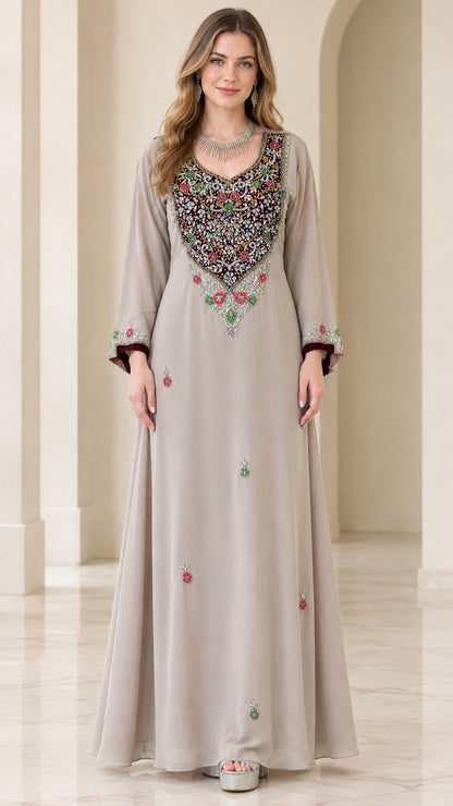 Front full view of beige long sleeve embroidered kaftan maxi dress