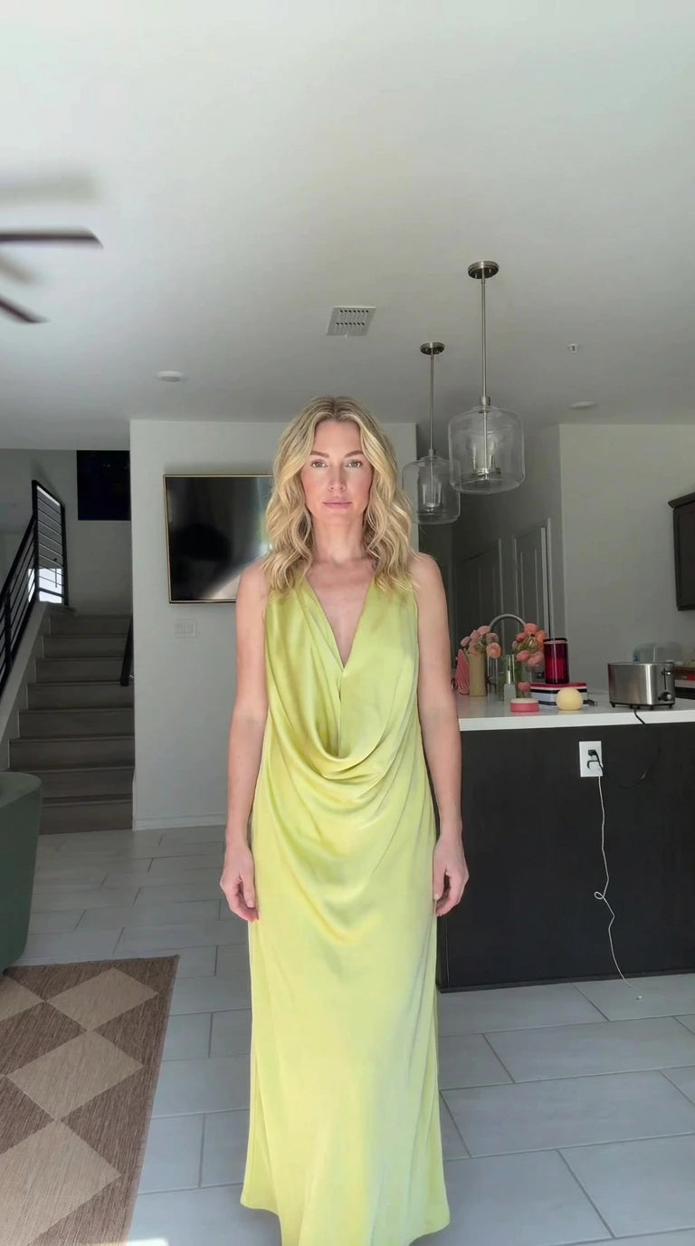 Front view of woman wearing Lime Green draped cowl neck sleeveless maxi dress