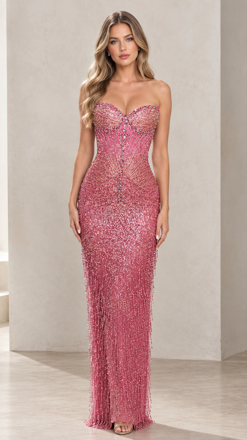 Front view of woman wearing strapless rose pink beaded fringe evening gown