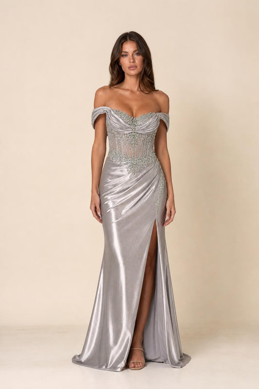 Front view of woman wearing silver off-shoulder beaded corset evening gown