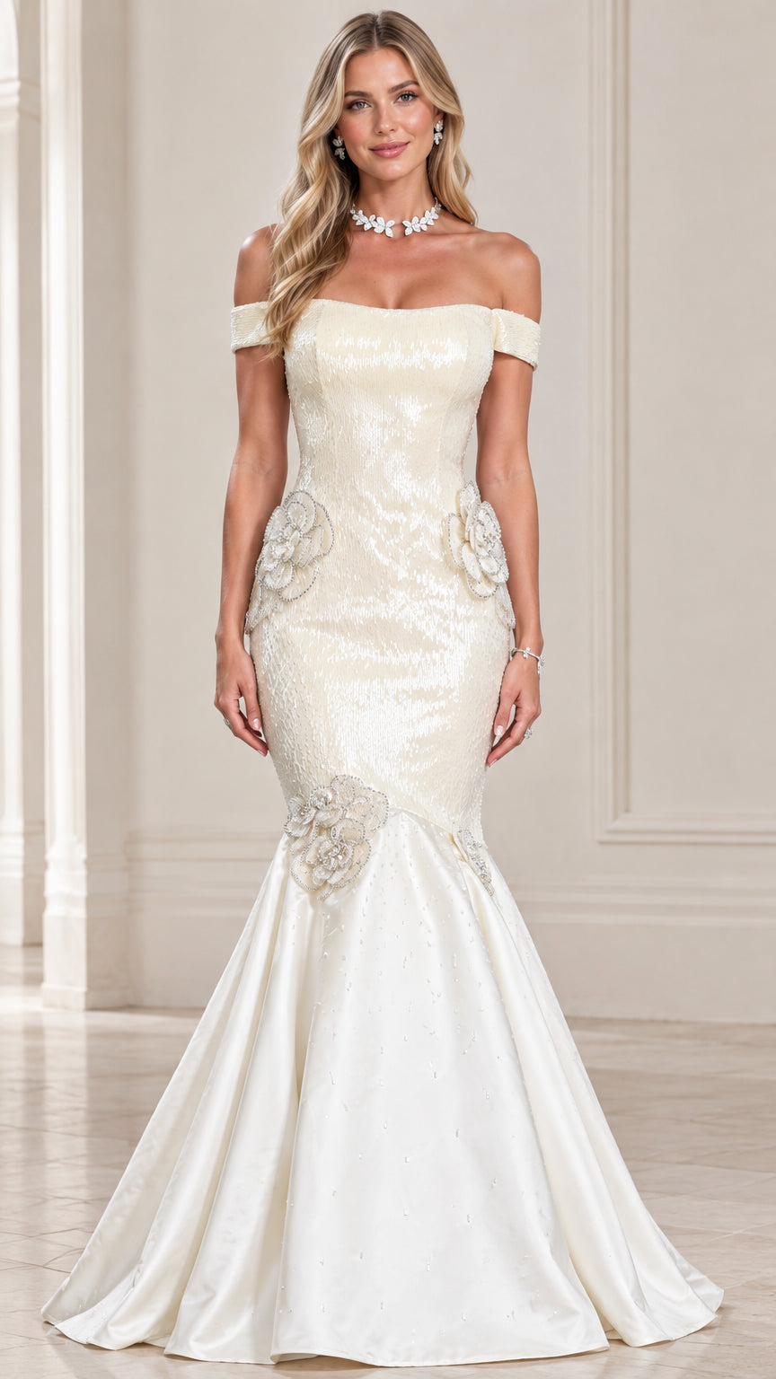 Front view of ivory off-the-shoulder sequin mermaid gown with 3D floral details