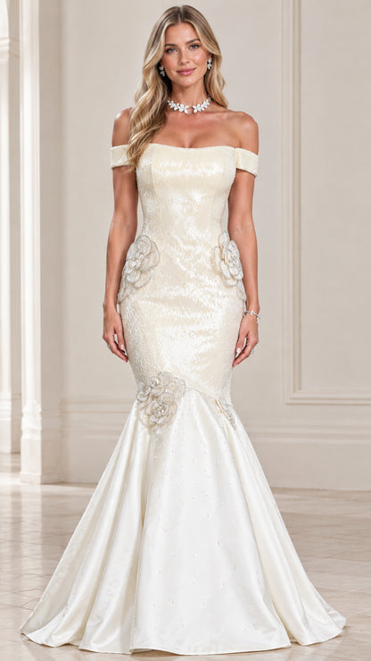 Front view of ivory off-the-shoulder sequin mermaid gown with 3D floral details