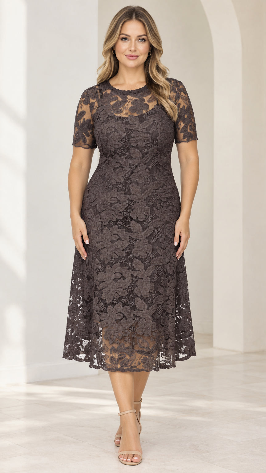 Front view of model wearing mocha brown floral lace short sleeve midi dress