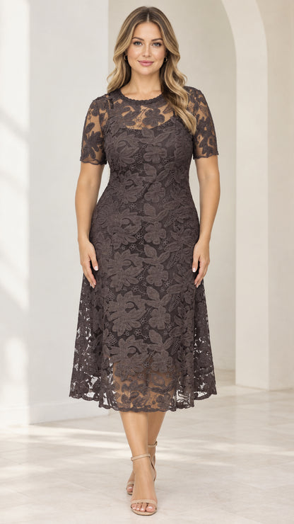 Front view of model wearing mocha brown floral lace short sleeve midi dress