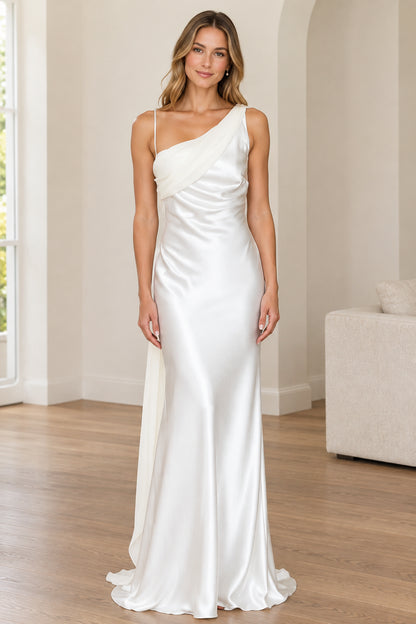 Front full view of woman wearing white one-shoulder satin maxi dress