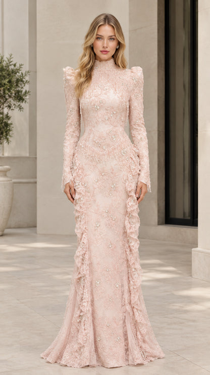 Front full view of woman wearing blush pink high neck beaded lace long sleeve evening gown