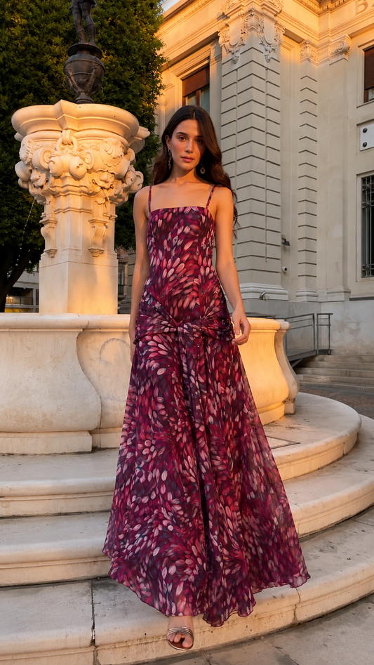 Front view of wine printed square neck spaghetti strap maxi dress with flowing skirt
