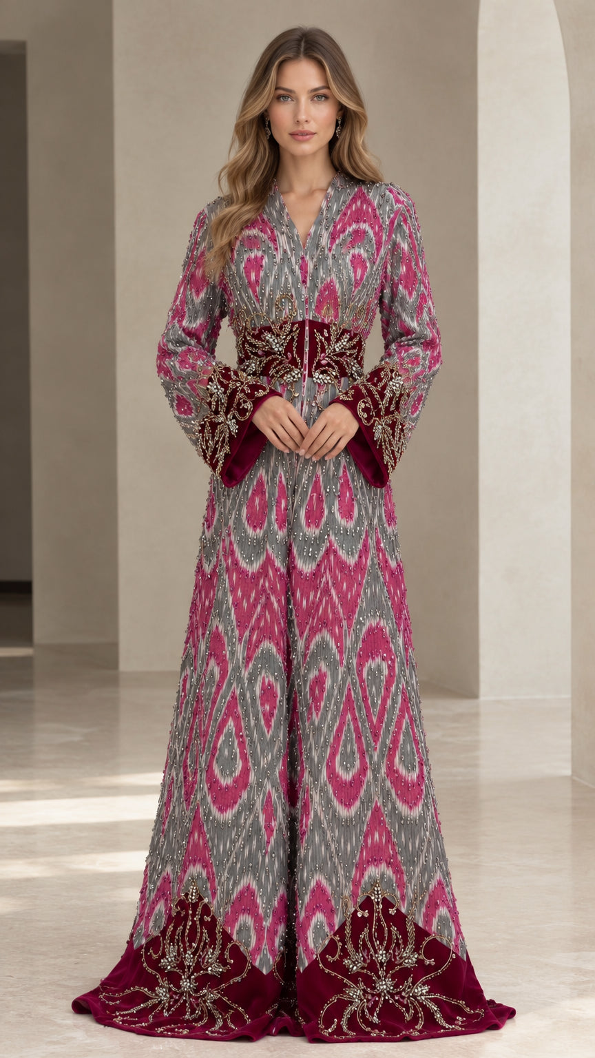Full-length front view of magenta and grey embroidered velvet-trim ikat maxi kaftan gown