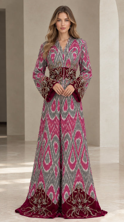 Full-length front view of magenta and grey embroidered velvet-trim ikat maxi kaftan gown