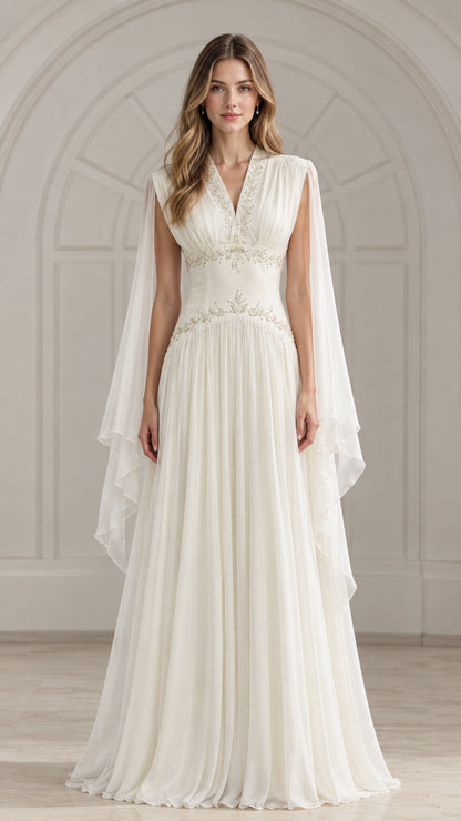 Front view of model wearing ivory white beaded V-neck chiffon evening gown with cape sleeves