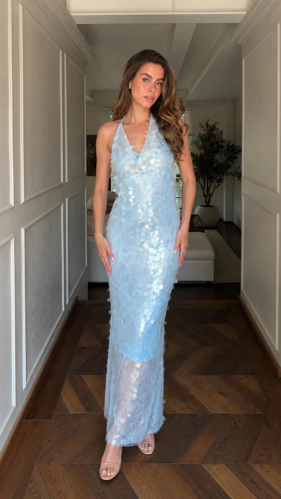Front view of powder blue sequin halter backless maxi dress