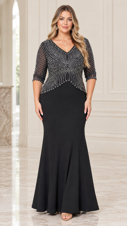 Full front view of black beaded sequin V-neck mermaid evening gown with half sleeves