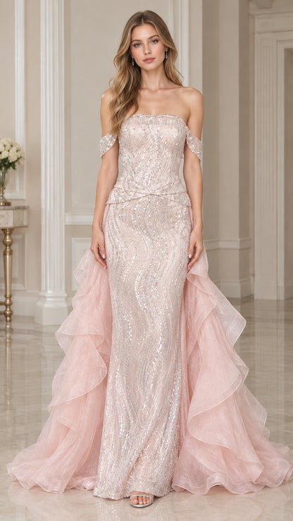 Front view of model wearing Blush Pink off-the-shoulder sequin mermaid gown with cascading side ruffles