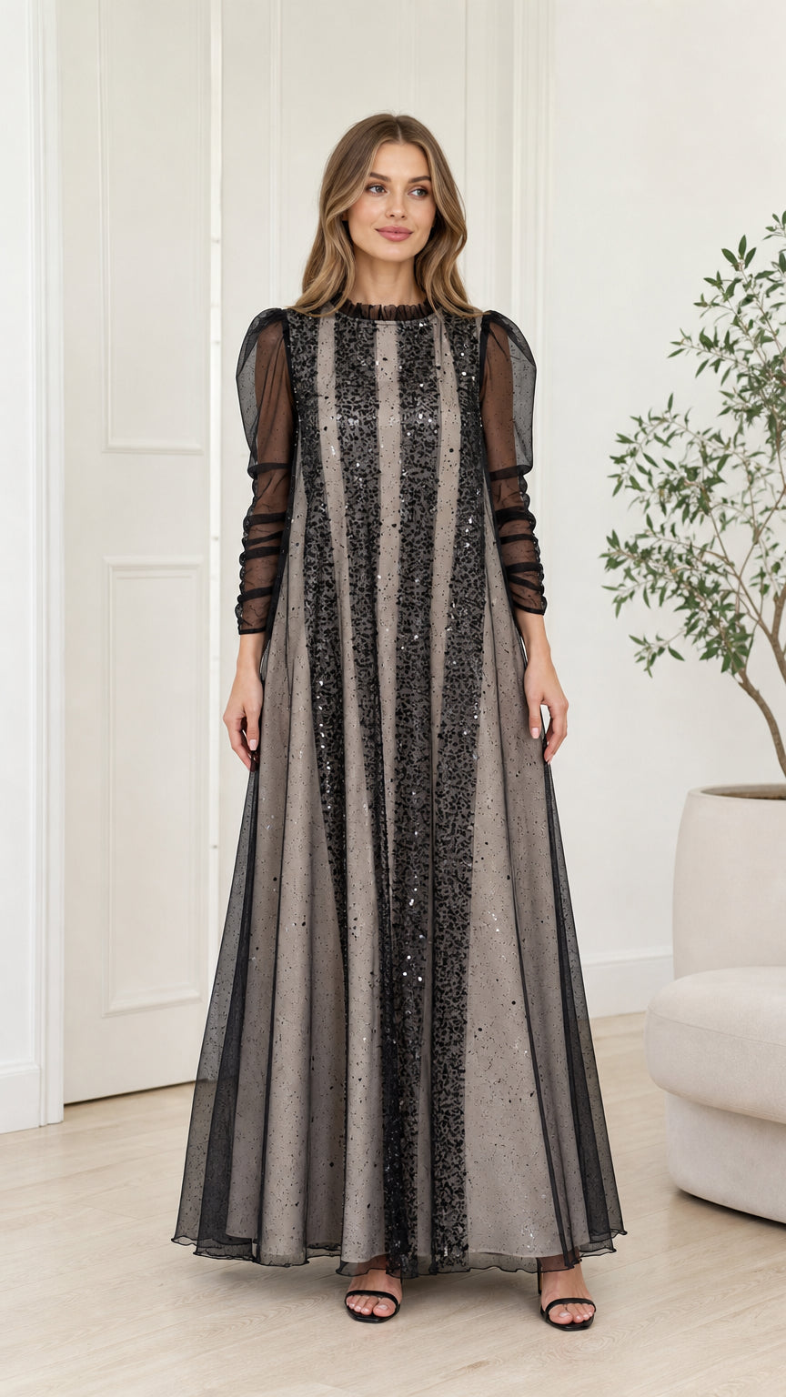 Front full-length view of the Silver Gray striped sequin tulle maxi dress on a model