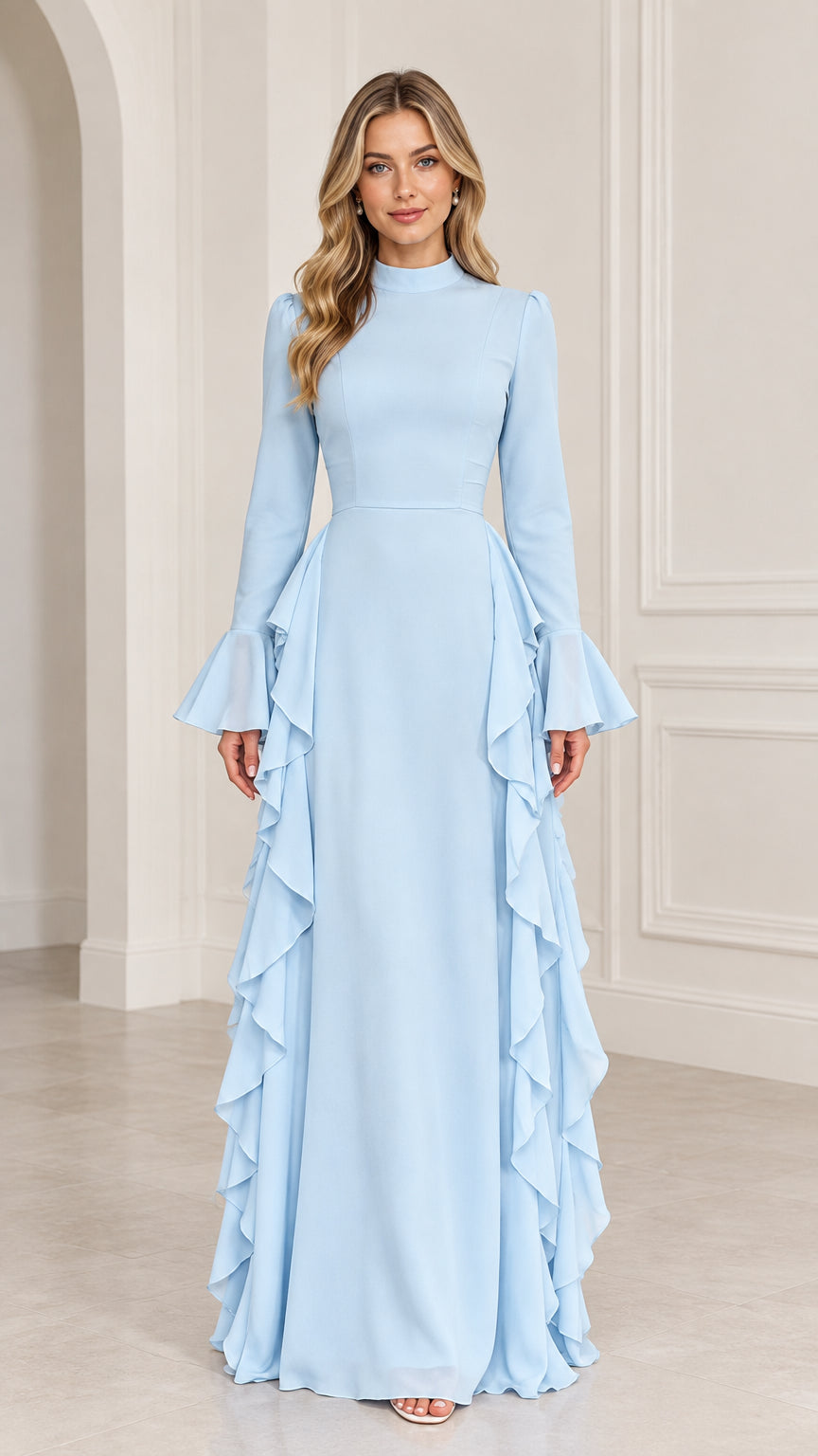 Front view of woman wearing Light Blue mock neck long sleeve maxi dress with side cascade ruffles