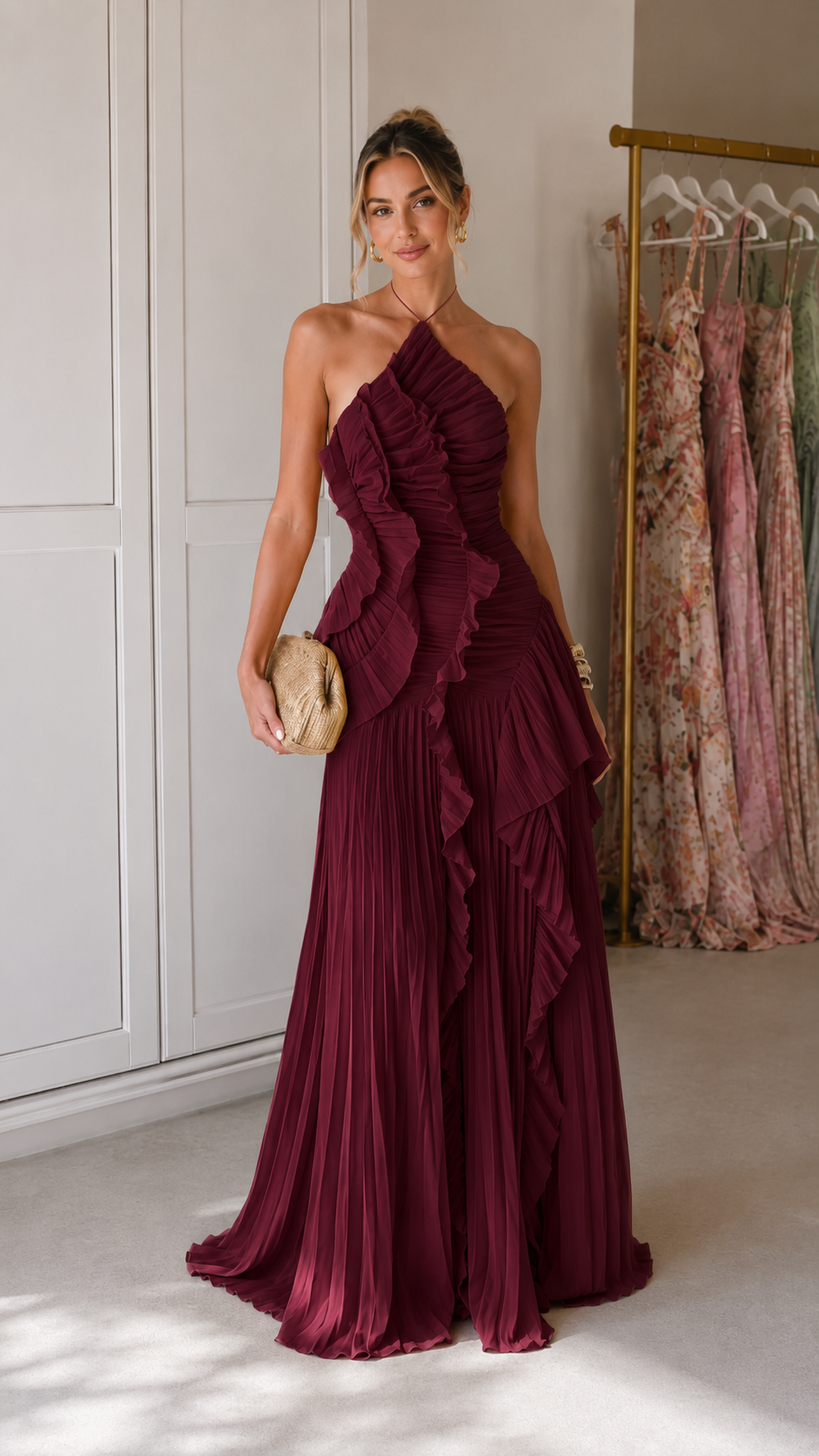 Burgundy pleated halter maxi gown with cascading front ruffle