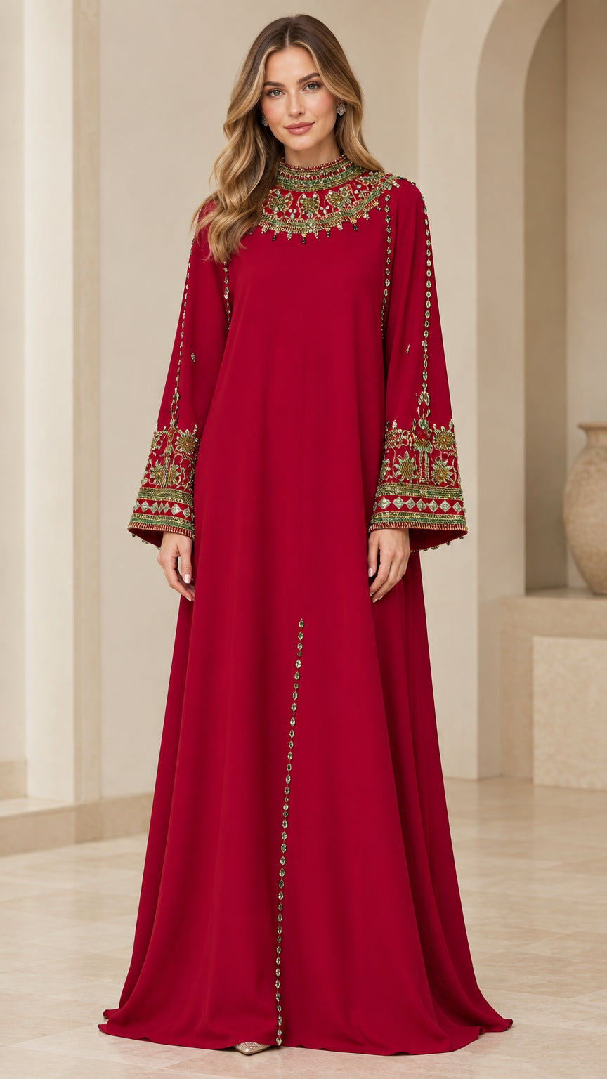 Full front view of Ruby Red embroidered high neck maxi kaftan dress with flared sleeves