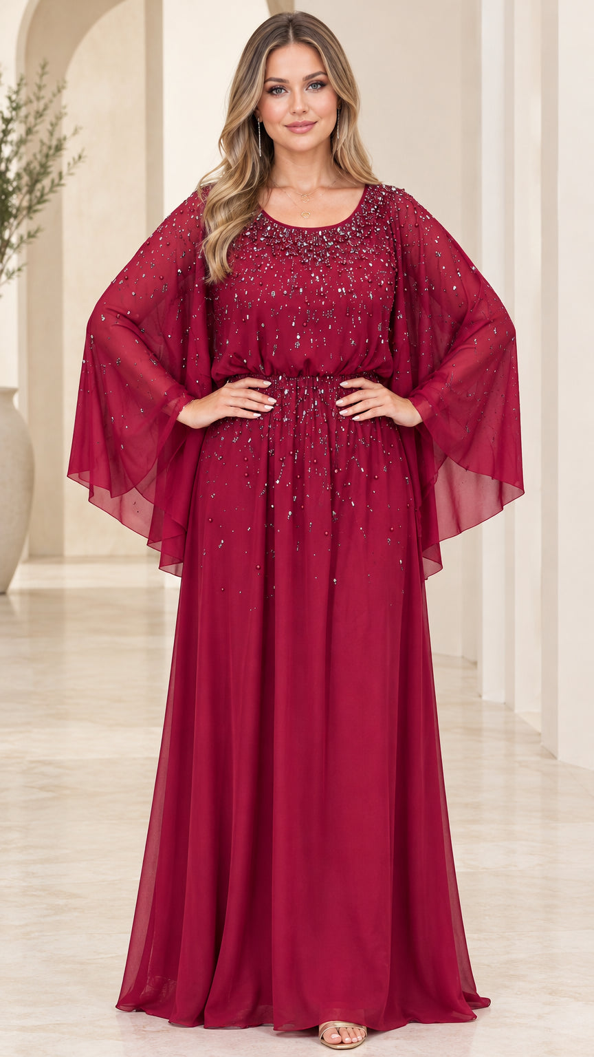 Front view of burgundy beaded cape sleeve chiffon maxi evening dress