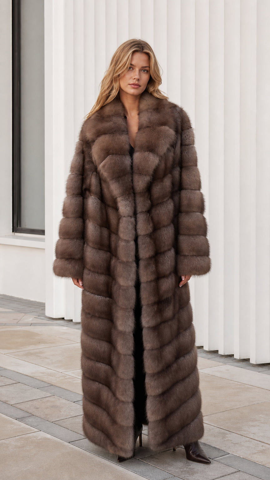 Front view of model wearing mocha brown full-length faux fur maxi coat with wide lapel
