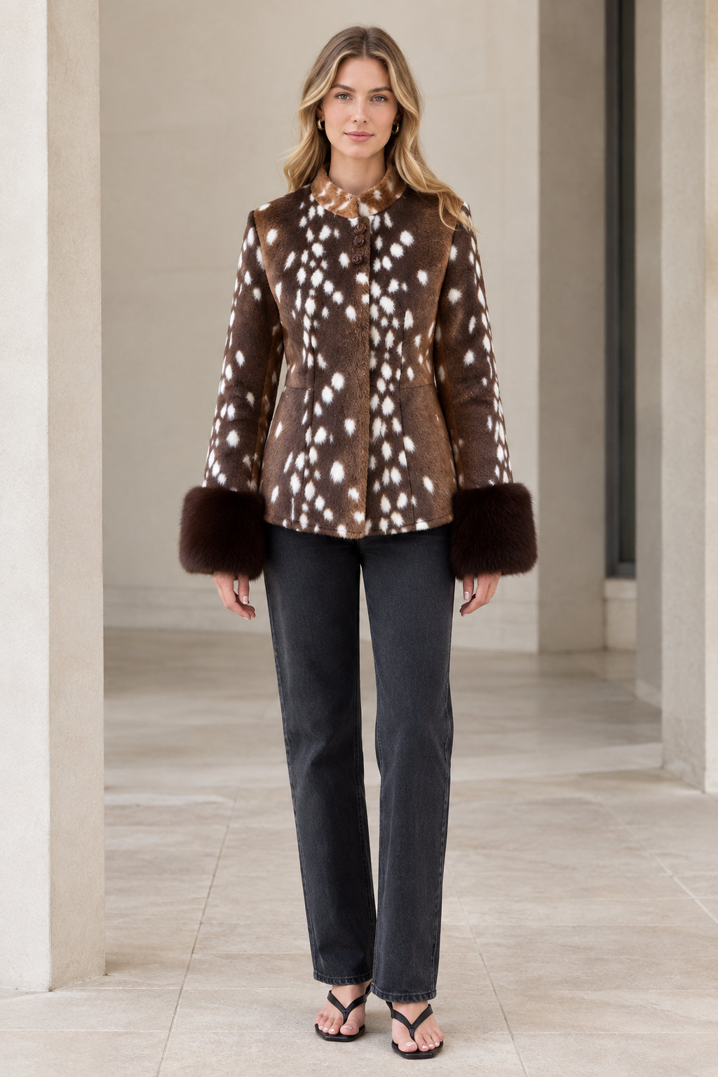 Front view of model wearing brown spotted fawn faux fur jacket with plush cuffs
