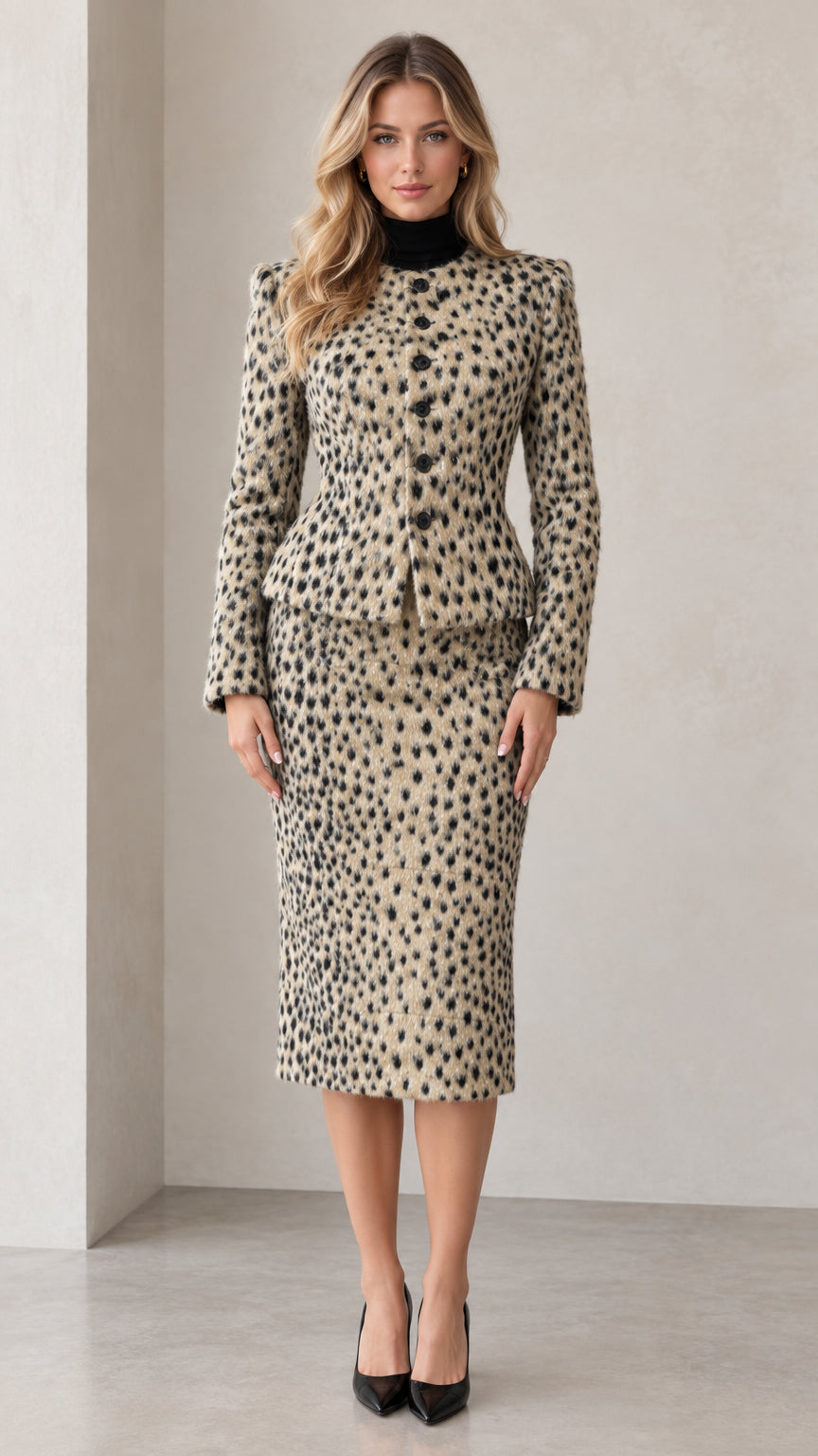 Full front view of beige speckled peplum jacket and midi pencil skirt set