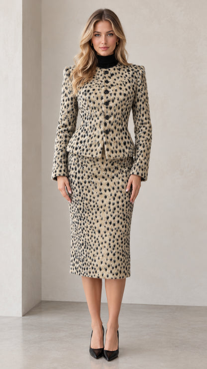 Full front view of beige speckled peplum jacket and midi pencil skirt set