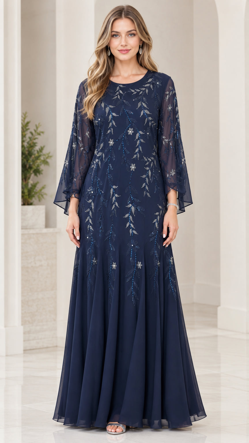 Front view of model wearing Navy Blue embroidered sequin bell sleeve chiffon maxi evening gown
