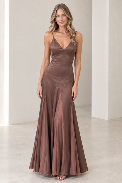 Front view of model wearing Mocha Brown satin V-neck spaghetti strap maxi dress