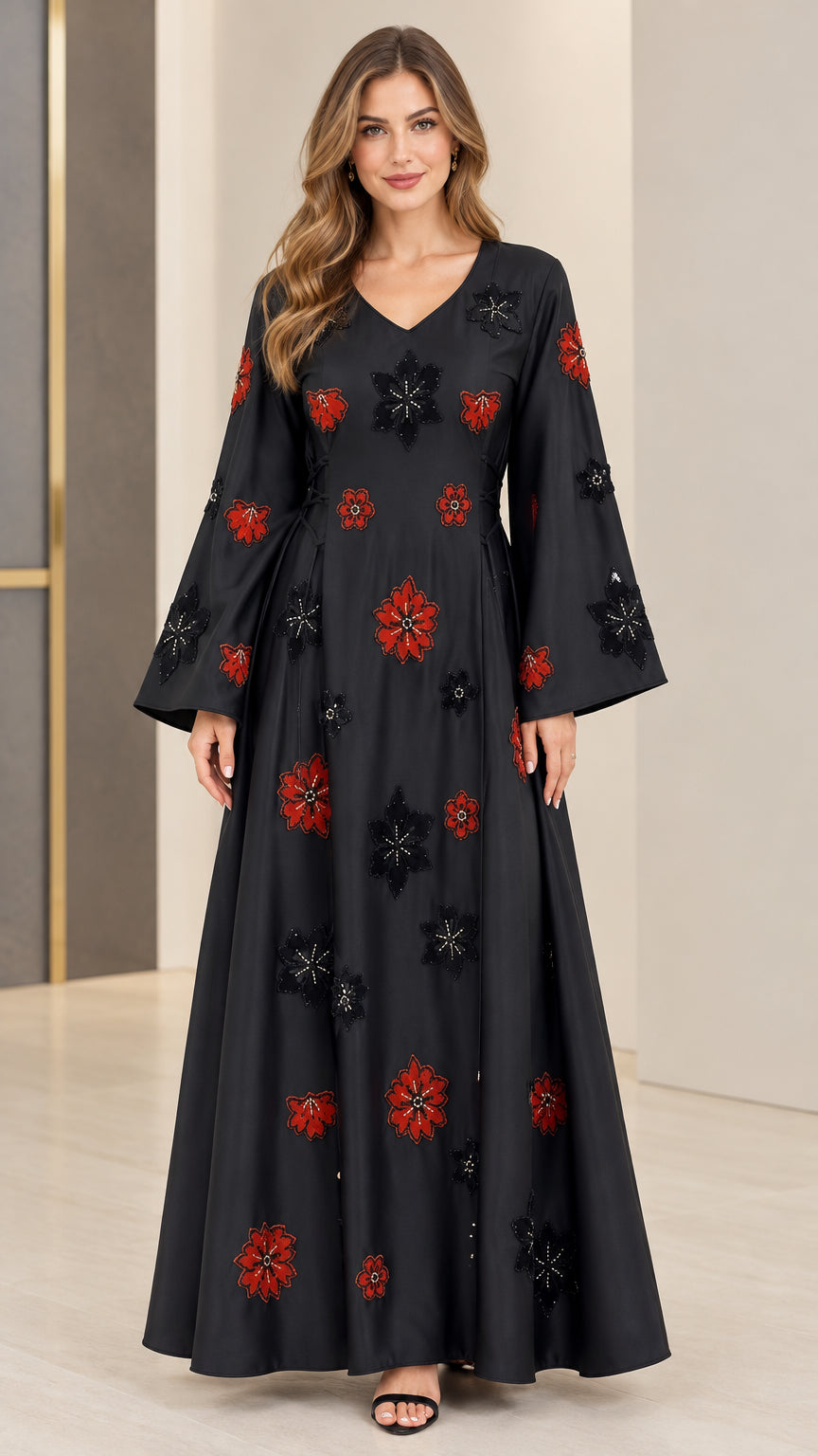 Front view of black floral embroidered maxi dress with long bell sleeves and V-neckline