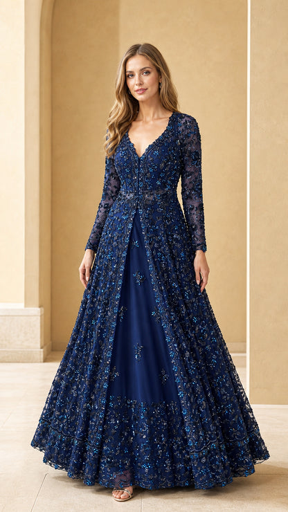 Navy blue long sleeve beaded formal evening gown front view