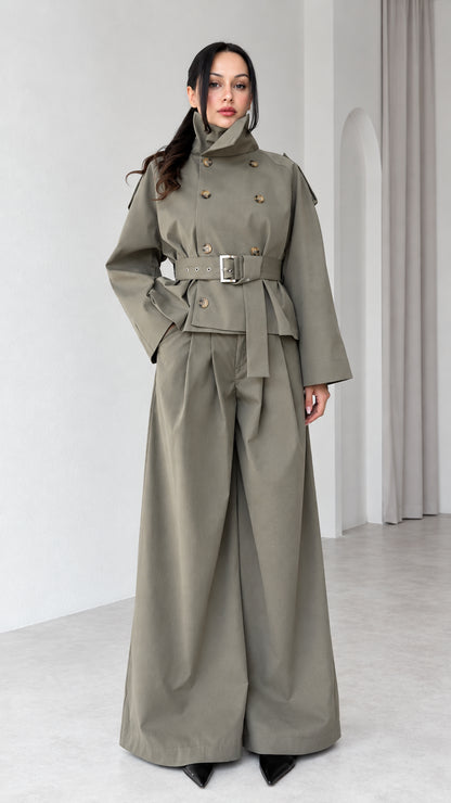 Front view of model wearing Sage Green cropped trench jacket and wide-leg trousers set