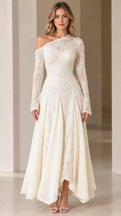 Front view of model wearing Ivory one-shoulder embellished lace maxi evening gown