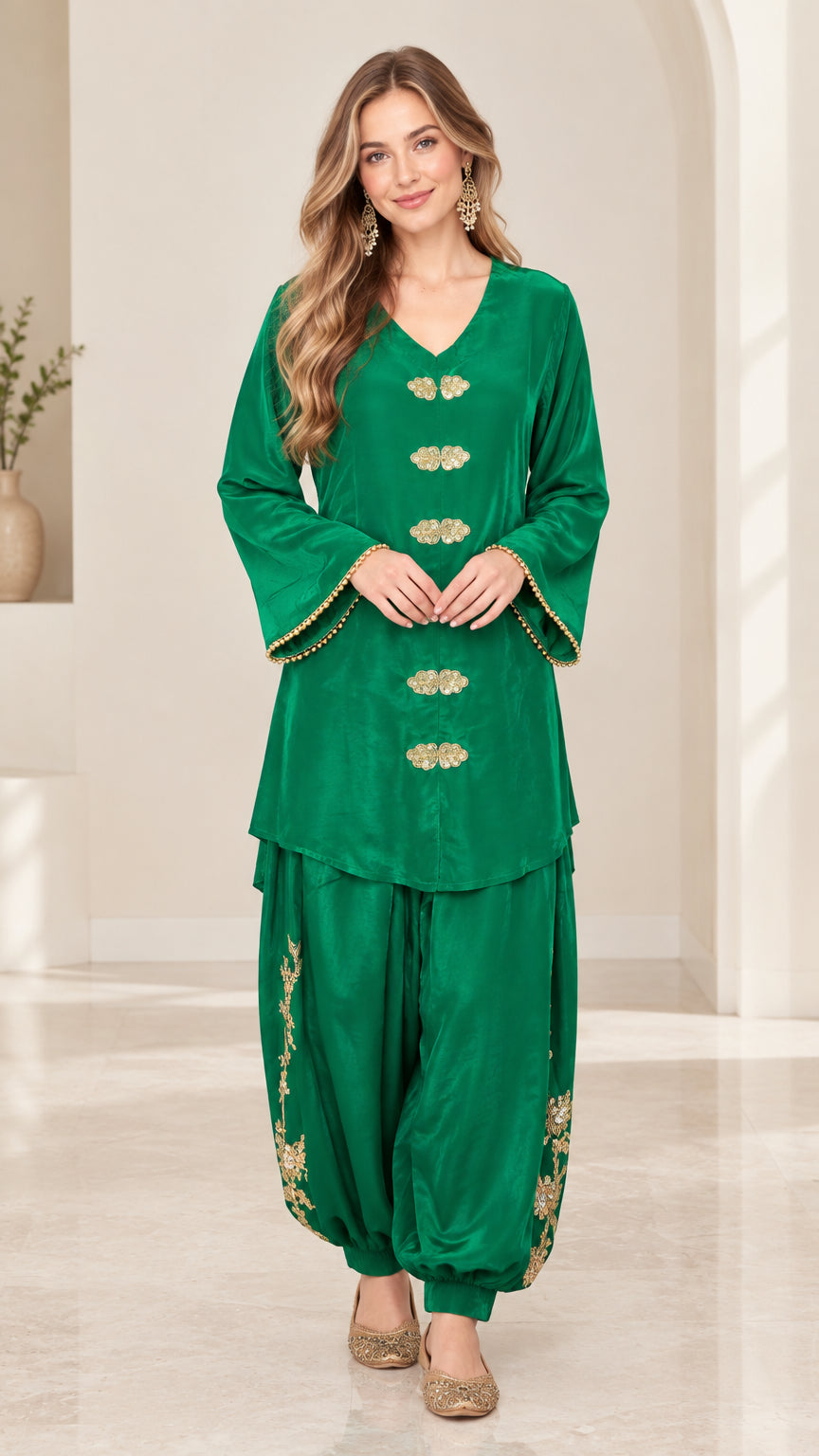Front view of woman wearing emerald green embroidered tunic and salwar pant set